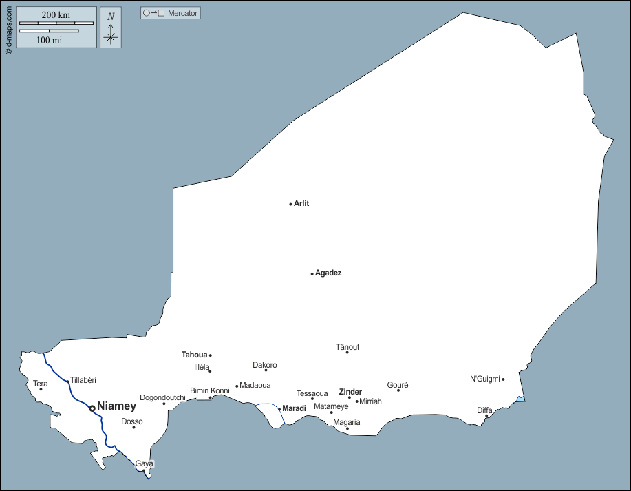 Niger : d-maps.com: Kostenlose Karten, kostenlose stumme Karte, kostenlose unausgefüllt Landkarte, kostenlose hochauflösende Umrisskarte : Umrisse, Hydrografie, Wichtige Städte, Namen