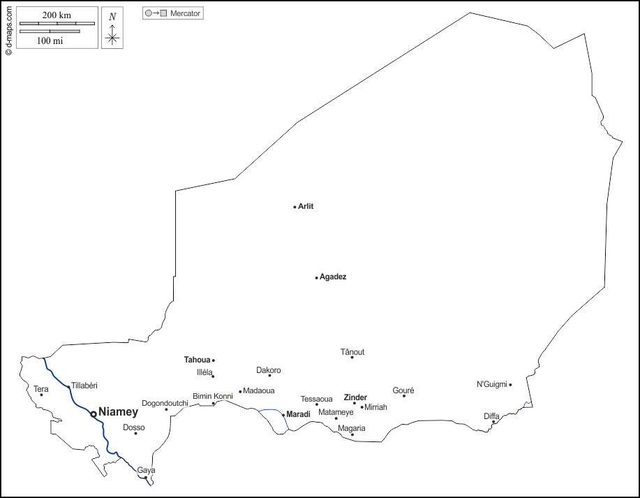 Niger : d-maps.com: Kostenlose Karten, kostenlose stumme Karte, kostenlose unausgefüllt Landkarte, kostenlose hochauflösende Umrisskarte : Umrisse, Hydrografie, Wichtige Städte, Namen, weiß