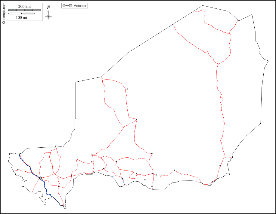 Niger : d-maps.com: mappa gratuita, mappa muta gratuita, cartina muta gratuita : contorni, idrografia, principali città, strade, bianco
