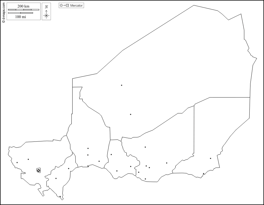 Niger : d-maps.com: mappa gratuita, mappa muta gratuita, cartina muta gratuita : contorni, regioni, principali città, bianco