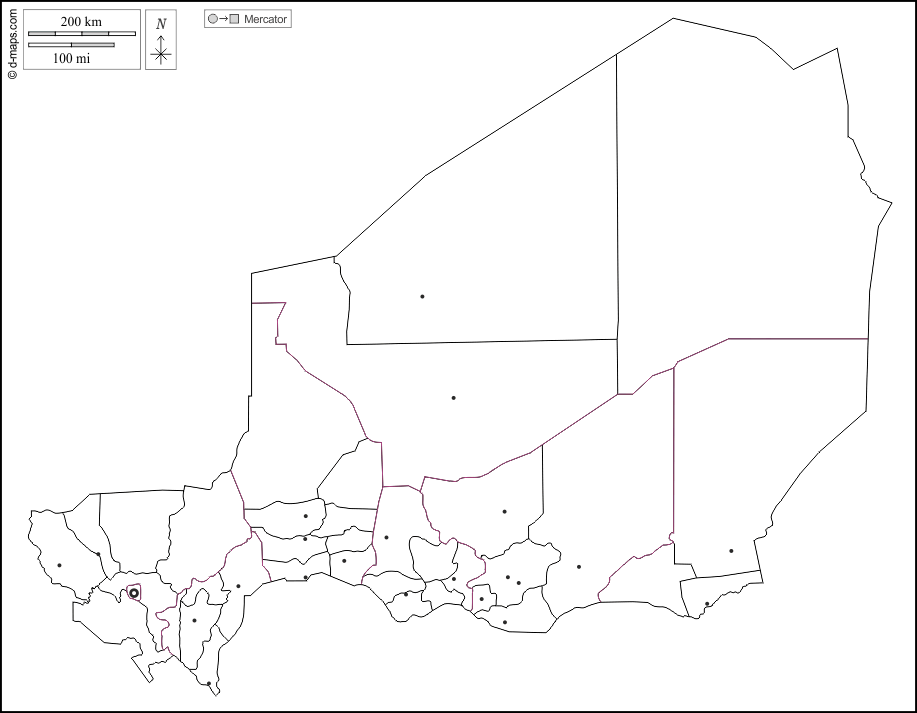 Niger : d-maps.com: mappa gratuita, mappa muta gratuita, cartina muta gratuita : contorni, dipartimenti, principali città, bianco