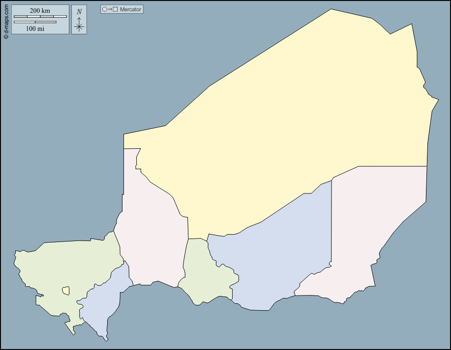 Niger : d-maps.com: mappa gratuita, mappa muta gratuita, cartina muta gratuita : contorni, regioni, colore