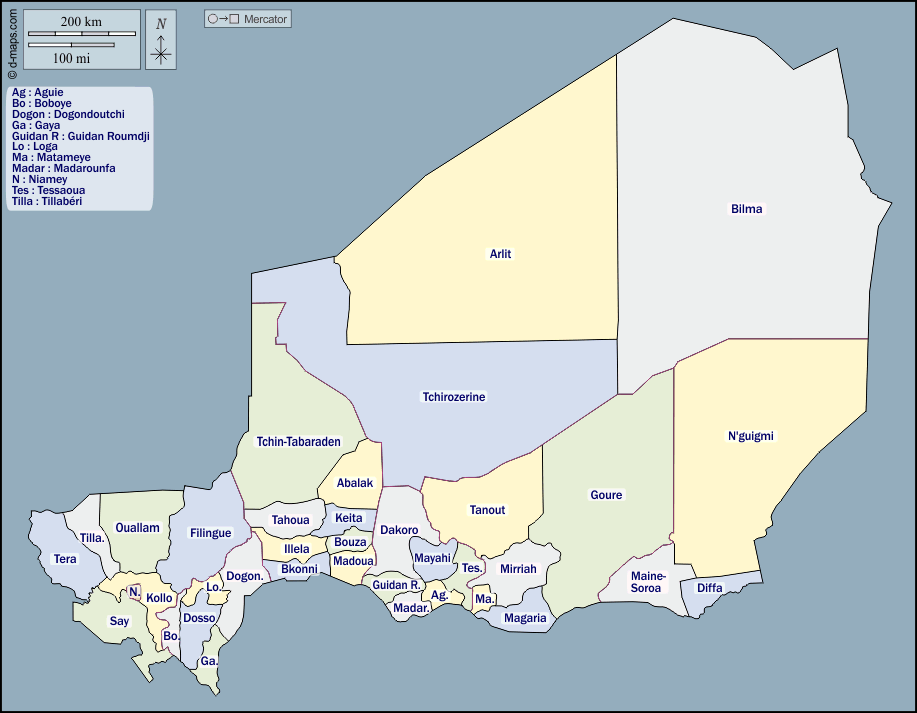 Niger : d-maps.com: mappa gratuita, mappa muta gratuita, cartina muta gratuita : contorni, dipartimenti, nomi, colore