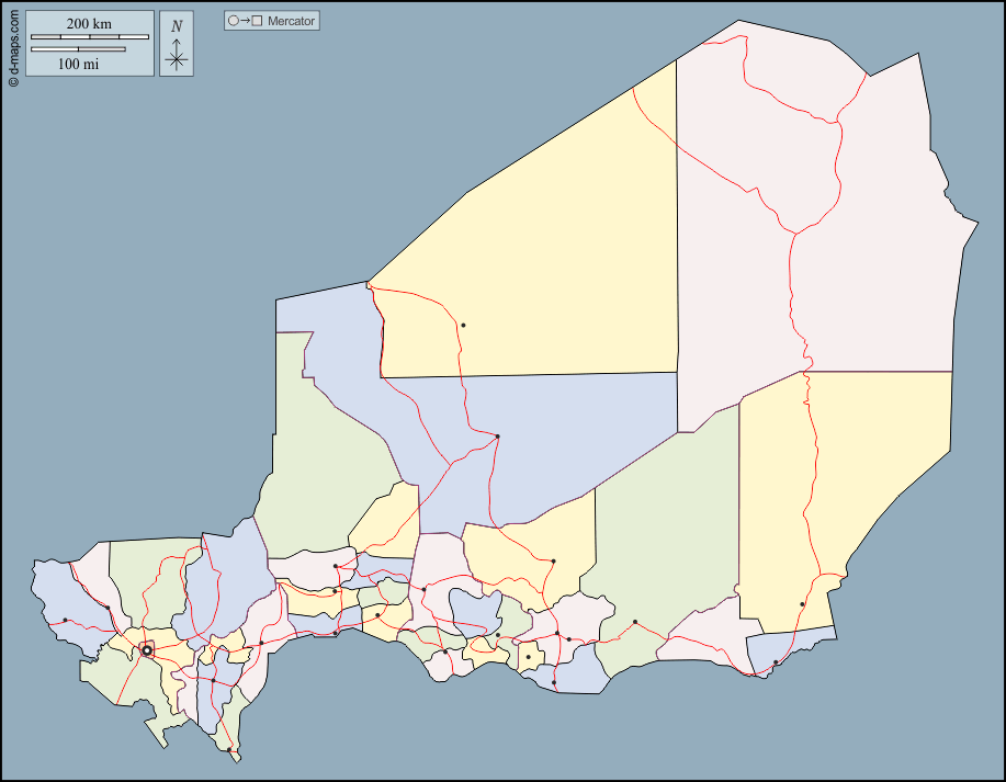 Niger : d-maps.com: mappa gratuita, mappa muta gratuita, cartina muta gratuita : contorni, dipartimenti, principali città, strade, colore