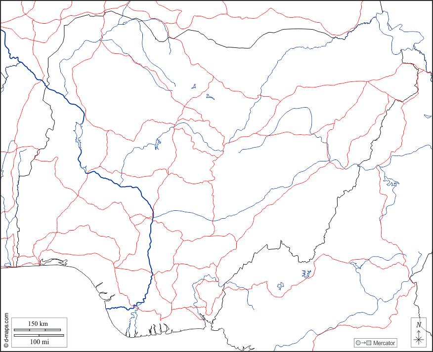 Nigeria : d-maps.com: mappa gratuita, mappa muta gratuita, cartina muta gratuita : frontiere, idrografia, strade, bianco