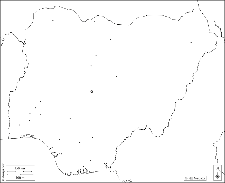 Nigeria : d-maps.com: mappa gratuita, mappa muta gratuita, cartina muta gratuita : frontiere, principali città, bianco