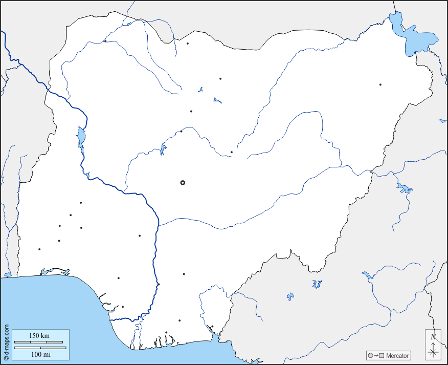 Nigeria : d-maps.com: mappa gratuita, mappa muta gratuita, cartina muta gratuita : frontiere, idrografia, principali città