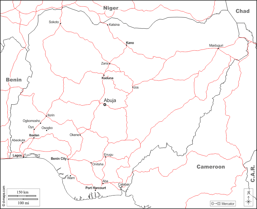 Nigeria : d-maps.com: mappa gratuita, mappa muta gratuita, cartina muta gratuita : frontiere, principali città, strade, nomi, bianco