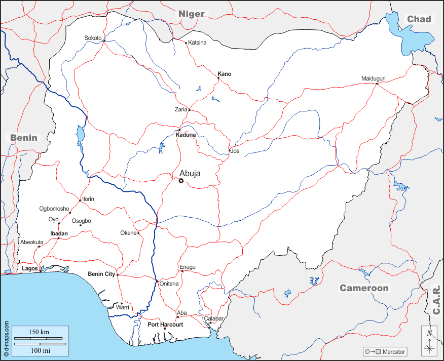 Nigeria : d-maps.com: mappa gratuita, mappa muta gratuita, cartina muta gratuita : frontiere, idrografia, principali città, strade, nomi