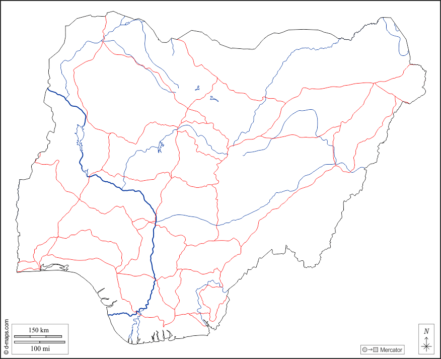 Nigeria : d-maps.com: mappa gratuita, mappa muta gratuita, cartina muta gratuita : contorni, idrografia, strade, bianco