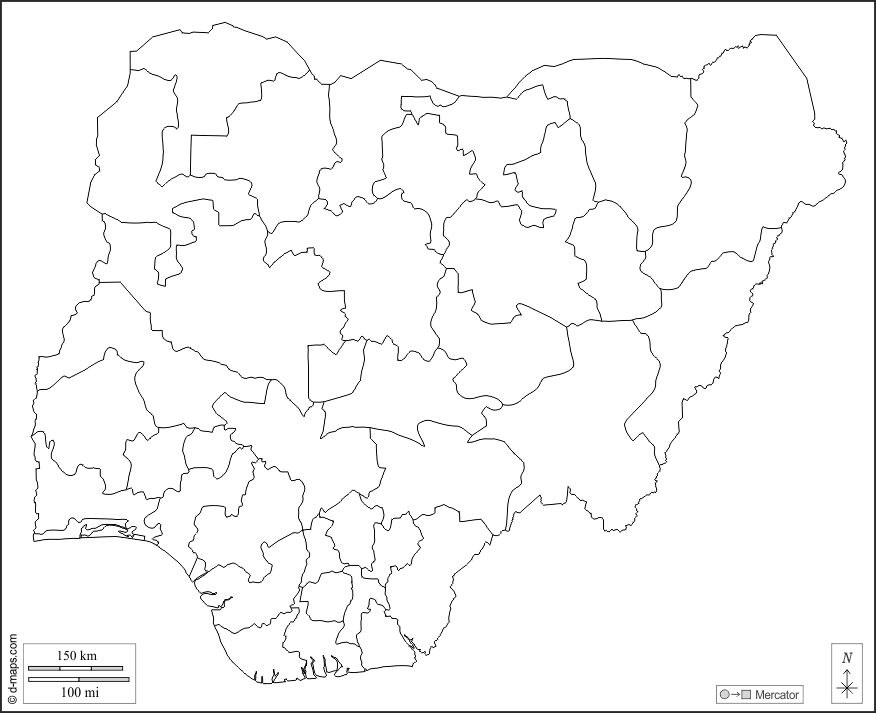 Nigeria : d-maps.com: mappa gratuita, mappa muta gratuita, cartina muta gratuita : contorni, stati, bianco