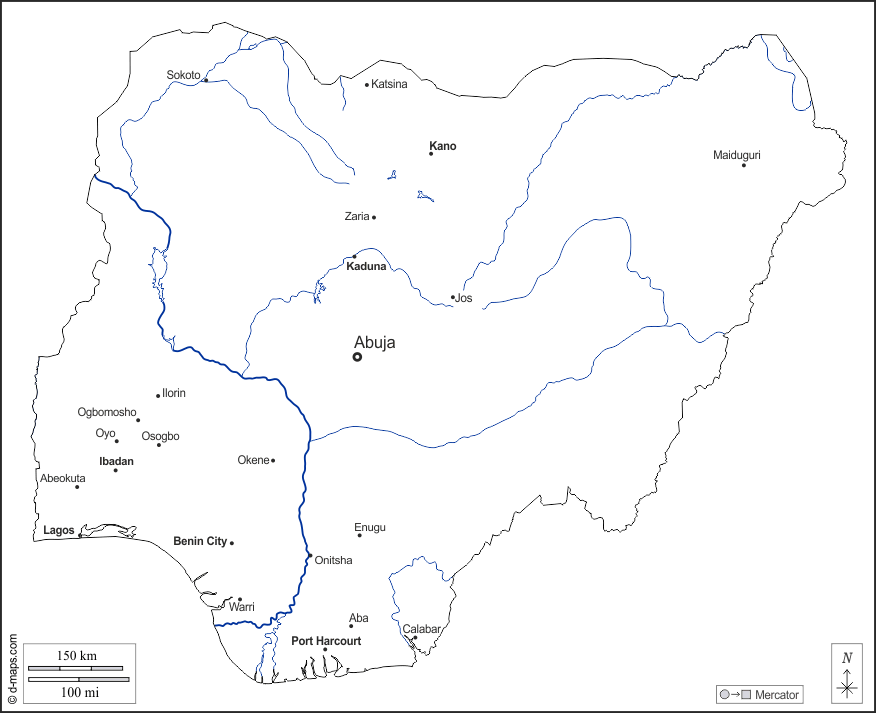 Nigeria : d-maps.com: mappa gratuita, mappa muta gratuita, cartina muta gratuita : contorni, idrografia, principali città, nomi, bianco