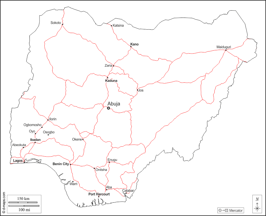 Nigeria : d-maps.com: mappa gratuita, mappa muta gratuita, cartina muta gratuita : contorni, principali città, strade, nomi, bianco