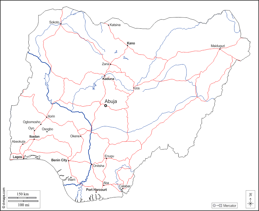 Nigeria : d-maps.com: mappa gratuita, mappa muta gratuita, cartina muta gratuita : contorni, idrografia, principali città, strade, nomi, bianco