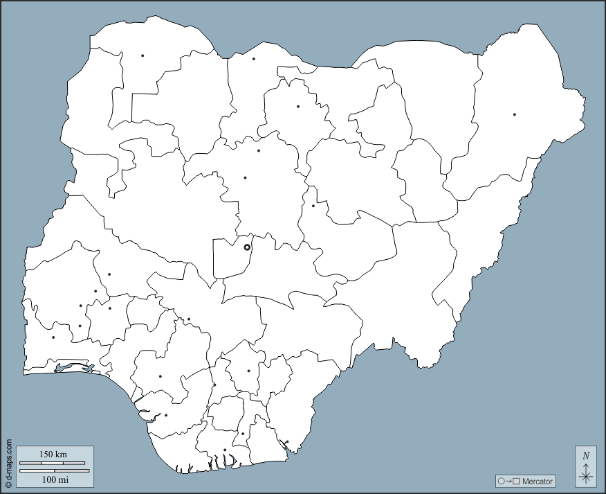 Nigeria : d-maps.com: mappa gratuita, mappa muta gratuita, cartina muta gratuita : contorni, stati, principali città