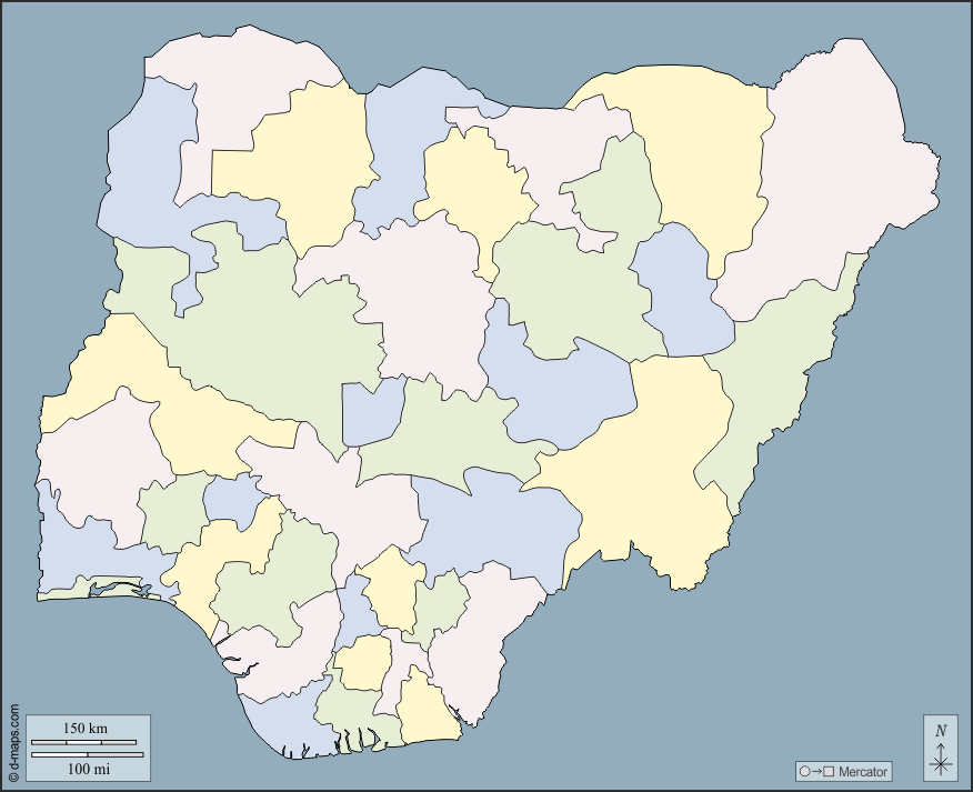Nigeria : d-maps.com: mappa gratuita, mappa muta gratuita, cartina muta gratuita : contorni, stati, colore