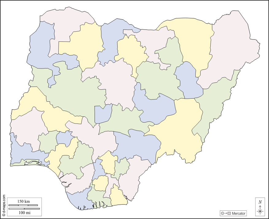 Nigeria : d-maps.com: mappa gratuita, mappa muta gratuita, cartina muta gratuita : contorni, stati, colore, bianco