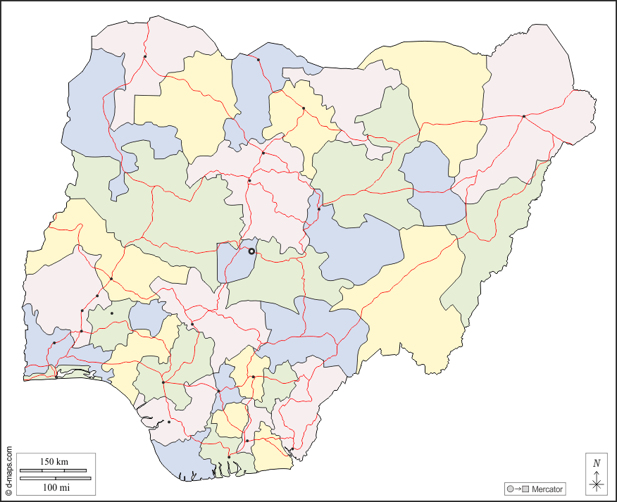 Nigeria : d-maps.com: mappa gratuita, mappa muta gratuita, cartina muta gratuita : contorni, stati, principali città, strade, colore, bianco