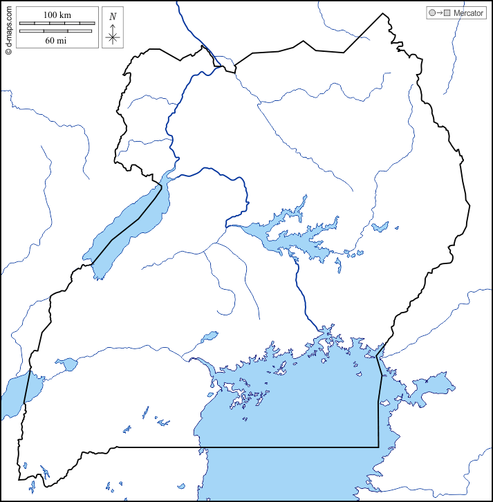 Uganda : d-maps.com: mappa gratuita, mappa muta gratuita, cartina muta gratuita : litorali, limiti, idrografia