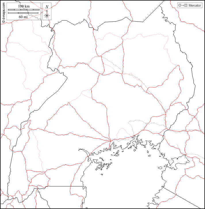 Uganda : d-maps.com: mappa gratuita, mappa muta gratuita, cartina muta gratuita : frontiere, strade, bianco