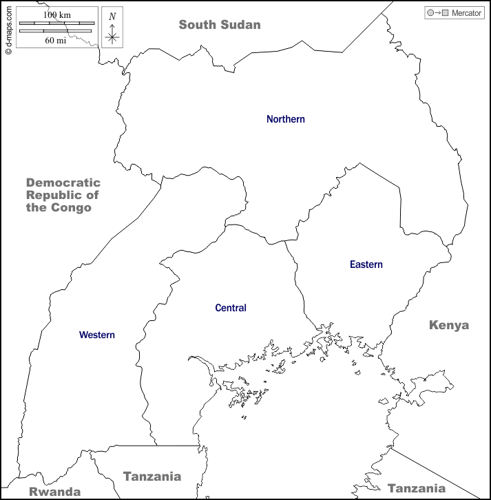 Uganda : d-maps.com: mappa gratuita, mappa muta gratuita, cartina muta gratuita : frontiere, regioni, nomi, bianco