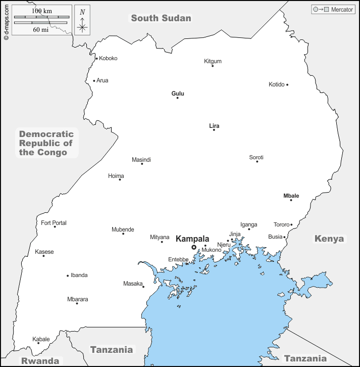 Uganda : d-maps.com: mappa gratuita, mappa muta gratuita, cartina muta gratuita : frontiere, principali città, nomi