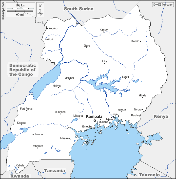 Uganda : d-maps.com: mappa gratuita, mappa muta gratuita, cartina muta gratuita : frontiere, idrografia, principali città, nomi