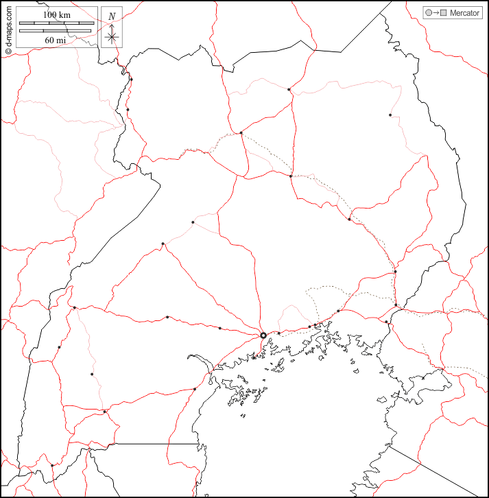 Uganda : d-maps.com: mapa gratuito, mapa mudo gratuito, mapa en blanco gratuito, plantilla de mapa : fronteras, principales ciudades, carreteras, blanco