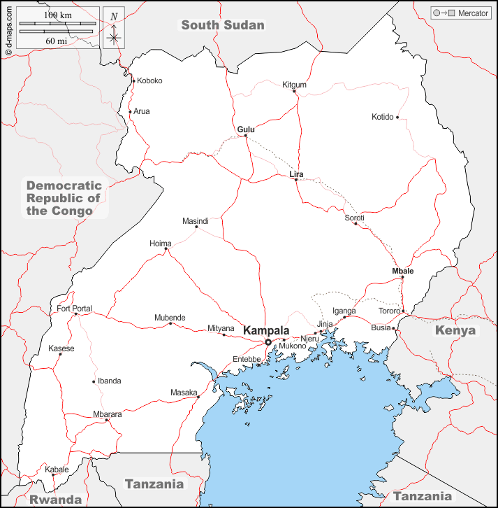 Uganda : d-maps.com: mappa gratuita, mappa muta gratuita, cartina muta gratuita : frontiere, principali città, strade, nomi