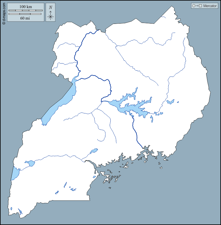 Uganda : d-maps.com: mapa gratuito, mapa mudo gratuito, mapa en blanco gratuito, plantilla de mapa : contornos, hidrografía