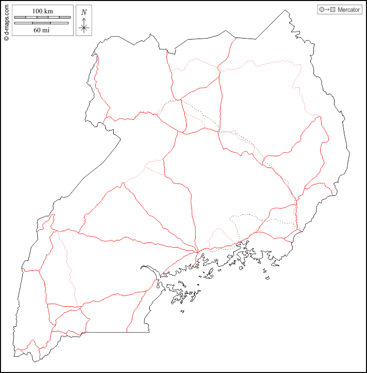 Uganda : d-maps.com: mapa livre, mapa em branco livre, mapa livre do esboço, mapa básico livre
 : contornos, estradas, branco