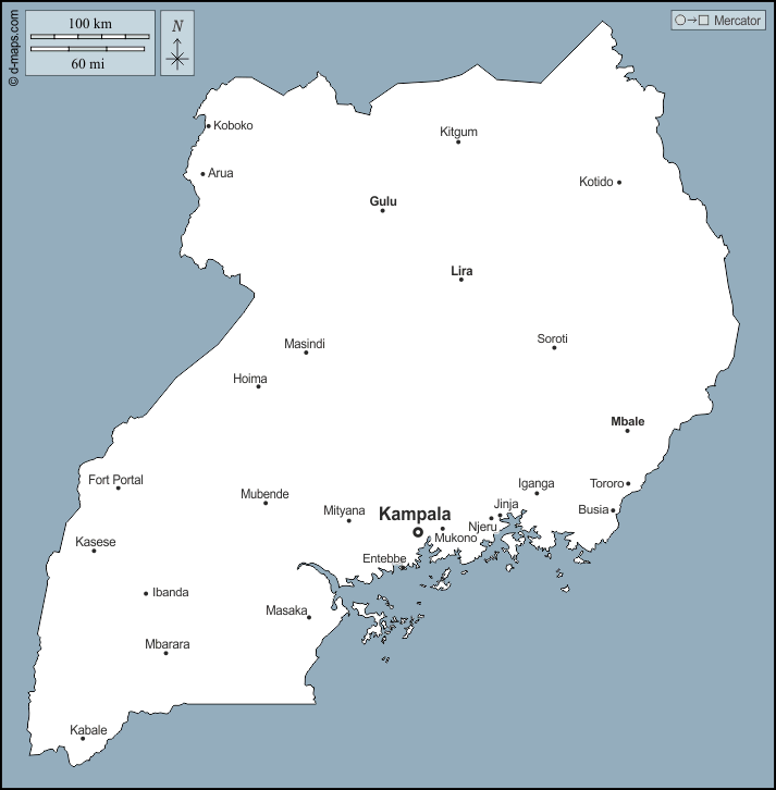 Uganda : d-maps.com: Kostenlose Karten, kostenlose stumme Karte, kostenlose unausgefüllt Landkarte, kostenlose hochauflösende Umrisskarte : Umrisse, Wichtige Städte, Namen