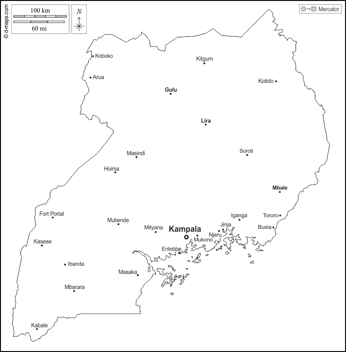 Uganda : d-maps.com: Kostenlose Karten, kostenlose stumme Karte, kostenlose unausgefüllt Landkarte, kostenlose hochauflösende Umrisskarte : Umrisse, Wichtige Städte, Namen, weiß