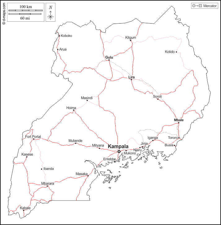 Uganda : d-maps.com: mappa gratuita, mappa muta gratuita, cartina muta gratuita : contorni, principali città, strade, nomi, bianco
