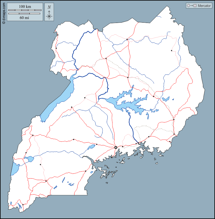 Uganda : d-maps.com: mappa gratuita, mappa muta gratuita, cartina muta gratuita : contorni, idrografia, principali città, strade