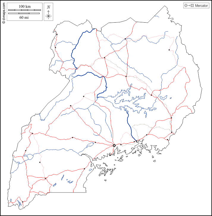Uganda : d-maps.com: mappa gratuita, mappa muta gratuita, cartina muta gratuita : contorni, idrografia, principali città, strade, bianco