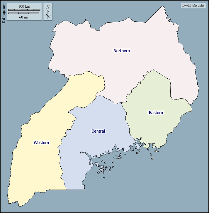 Uganda : d-maps.com: mappa gratuita, mappa muta gratuita, cartina muta gratuita : contorni, regioni, nomi, colore