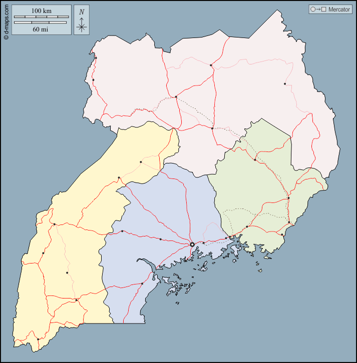 Uganda : d-maps.com: mappa gratuita, mappa muta gratuita, cartina muta gratuita : contorni, regioni, principali città, strade, colore