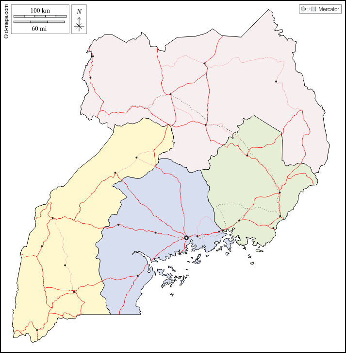 Uganda : d-maps.com: Kostenlose Karten, kostenlose stumme Karte, kostenlose unausgefüllt Landkarte, kostenlose hochauflösende Umrisskarte : Umrisse, Regionen, Wichtige Städte, Straßen, Farbe, weiß