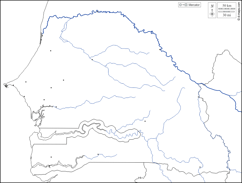 Senegal : d-maps.com: mappa gratuita, mappa muta gratuita, cartina muta gratuita : frontiere, idrografia, principali città, bianco