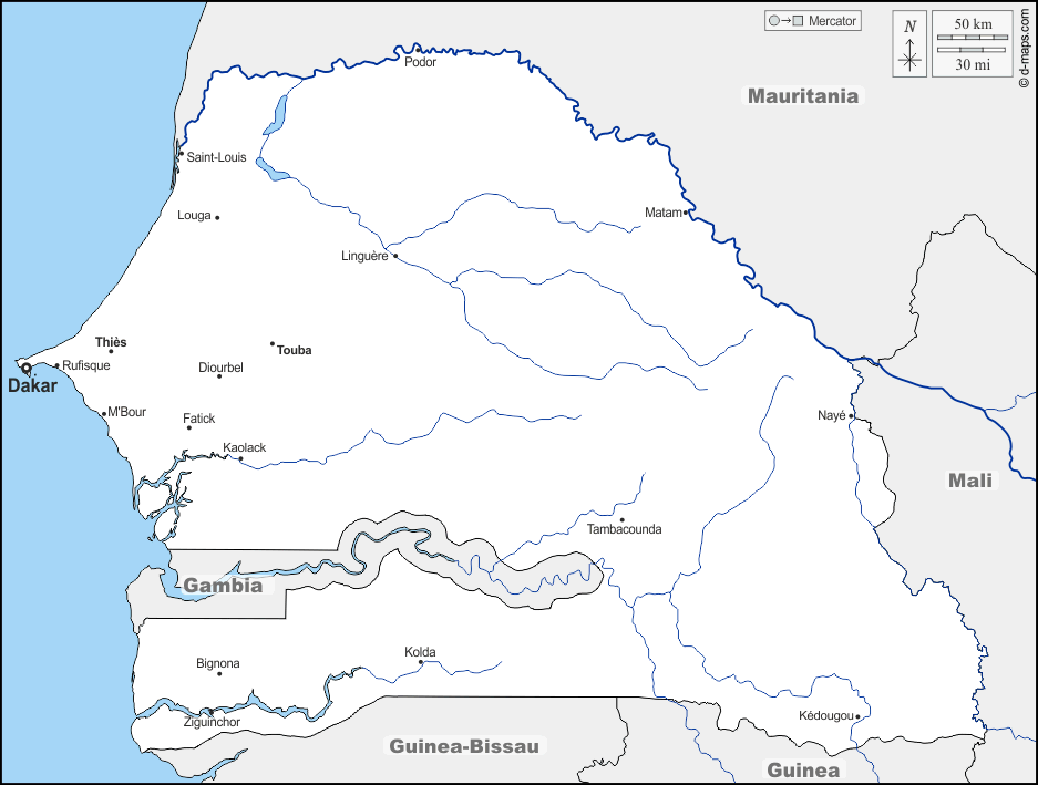 Senegal : d-maps.com: mappa gratuita, mappa muta gratuita, cartina muta gratuita : frontiere, idrografia, principali città, nomi