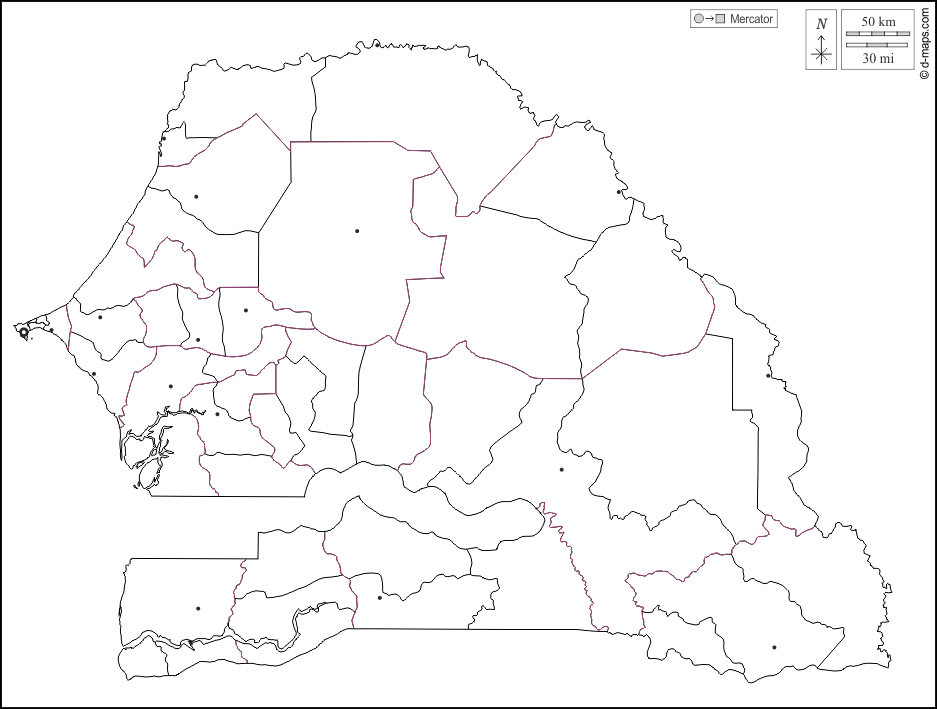 Senegal : d-maps.com: mappa gratuita, mappa muta gratuita, cartina muta gratuita : contorni, dipartimenti, principali città, bianco