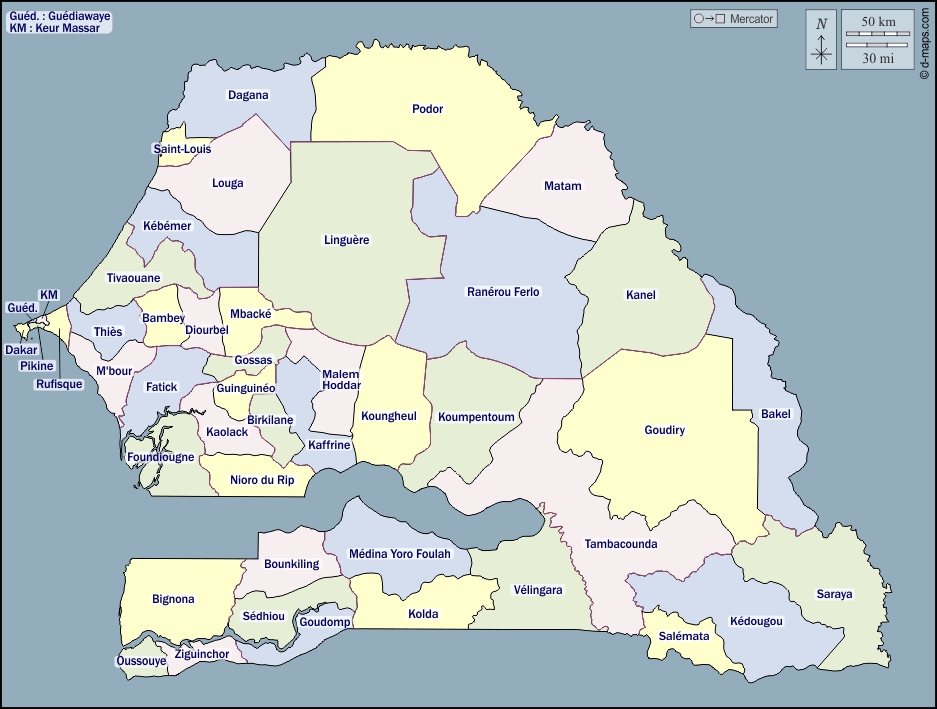 Senegal : d-maps.com: mappa gratuita, mappa muta gratuita, cartina muta gratuita : contorni, dipartimenti, nomi, colore
