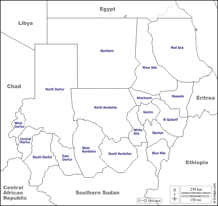 Sudan : d-maps.com: mappa gratuita, mappa muta gratuita, cartina muta gratuita : frontiere, wilayas, nomi, bianco