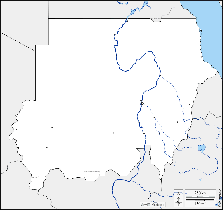 Sudan : d-maps.com: Kostenlose Karten, kostenlose stumme Karte, kostenlose unausgefüllt Landkarte, kostenlose hochauflösende Umrisskarte : Grenzen, Hydrografie, Wichtige Städte