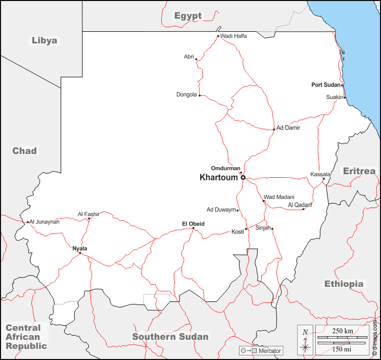 Sudan : d-maps.com: mappa gratuita, mappa muta gratuita, cartina muta gratuita : frontiere, principali città, strade, nomi