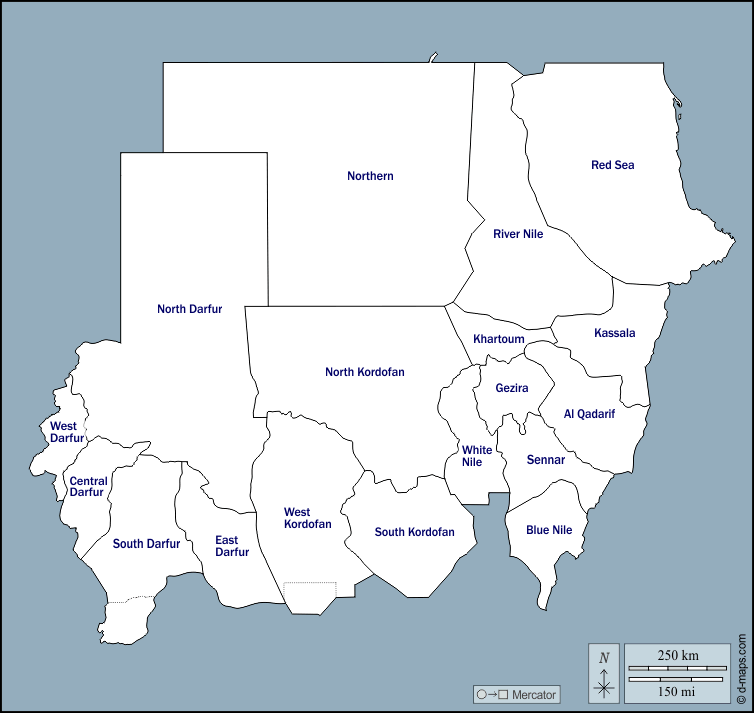 Sudão : d-maps.com: mapa livre, mapa em branco livre, mapa livre do esboço, mapa básico livre
 : contornos, wilayas, nomes