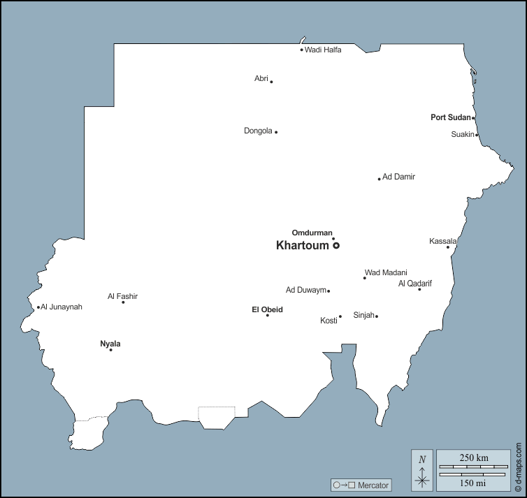Судан : d-maps.com: Бесплатная карта, бесплатная карта, свободная карта, Бесплатная базовая карта
 : контур, Главные города, имена