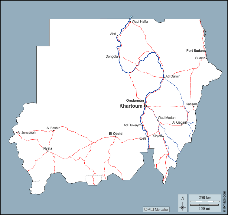 Sudan : d-maps.com: mappa gratuita, mappa muta gratuita, cartina muta gratuita : contorni, idrografia, principali città, strade, nomi