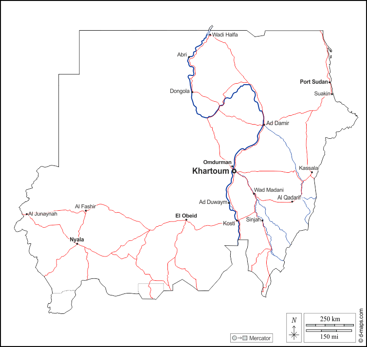 Sudan : d-maps.com: mappa gratuita, mappa muta gratuita, cartina muta gratuita : contorni, idrografia, principali città, strade, nomi, bianco